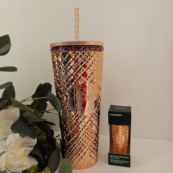 Starbucks Other - Starbucks 24 Oz Rose Gold Diamond Textured Tumbler & Keychain Cold Cup Ornament